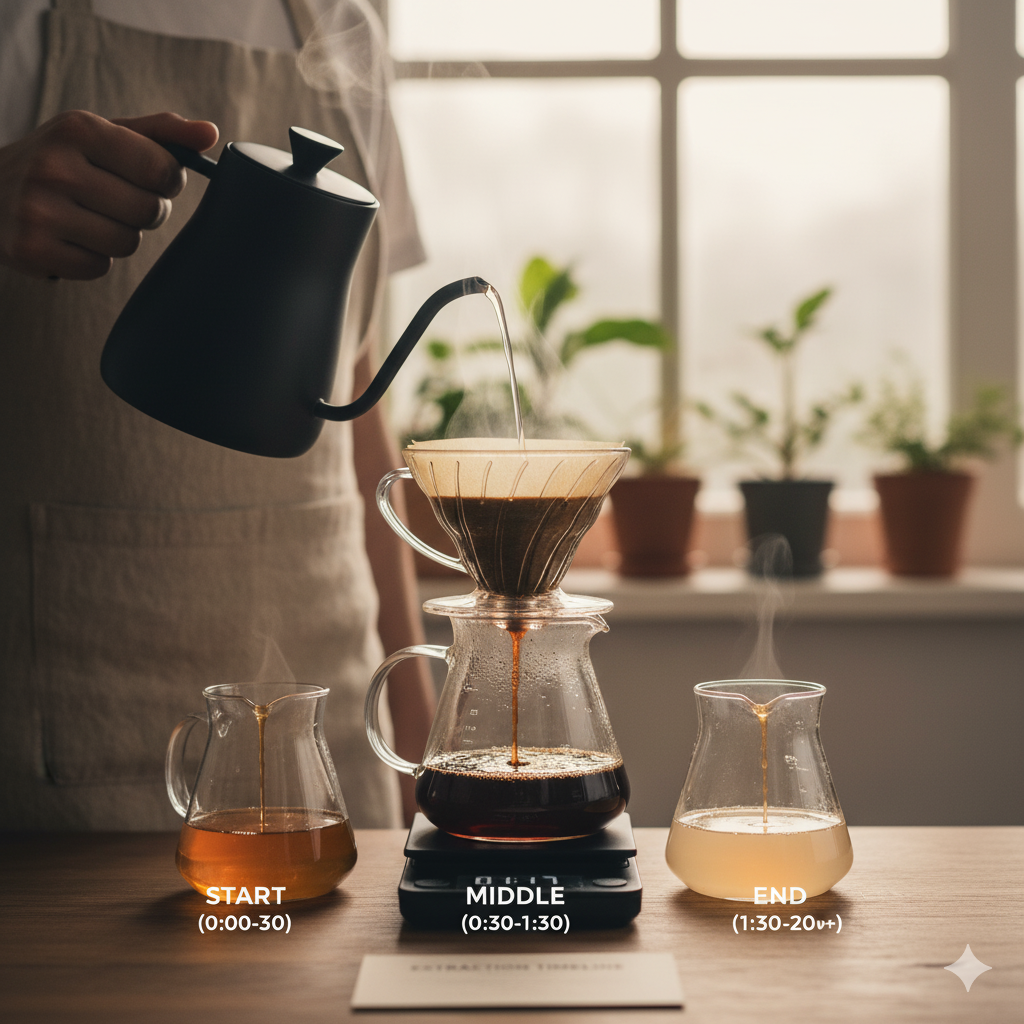 커피 드리퍼에서 일정한 속도로 추출되는 커피, 추출시간에 따라 색이 달라지는 모습(이미지 생성:google)