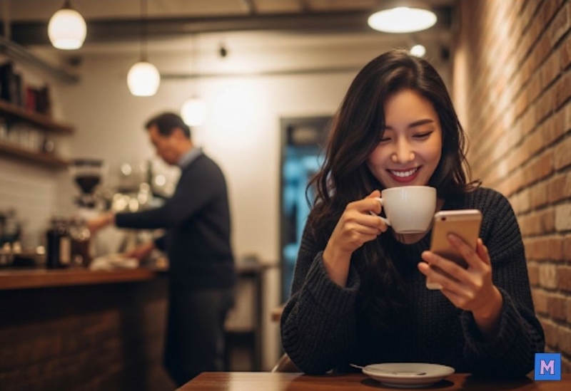 카페에서 커피를 마시며 스마트폰으로 투자 앱을 확인하는 젊은 여성 via canva
