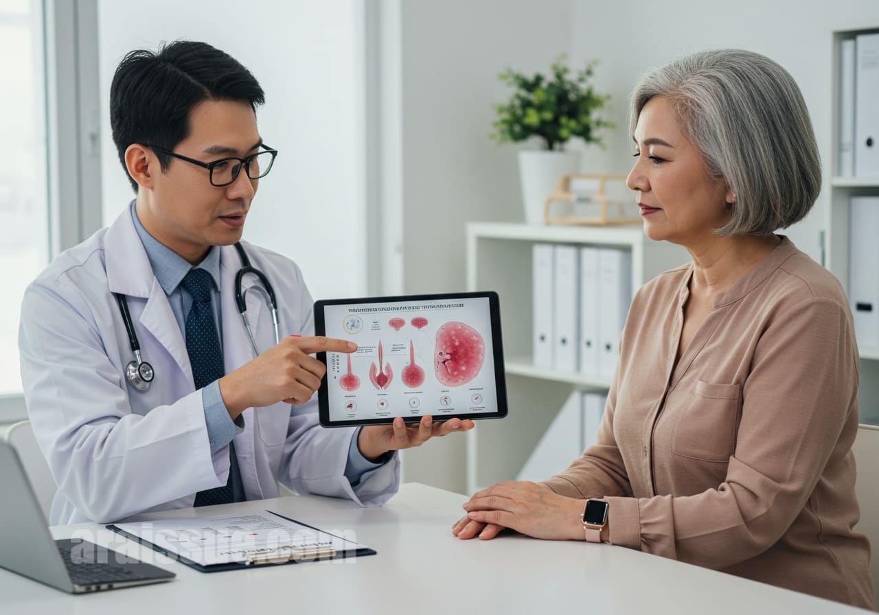 자궁근종 크기와 증상에 따라 치료 방법이 달라짐을 설명하는 의사와 환자. 디지털 태블릿을 통해 다양한 치료 방법을 설명하는 모습. 현대적인 병원 환경에서 진행되는 상담.