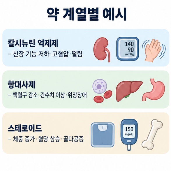 칼시뉴린 억제제 항대사제 스테로이드 계열 면역억제제의 대표 부작용 차이를 설명한 인포그래픽