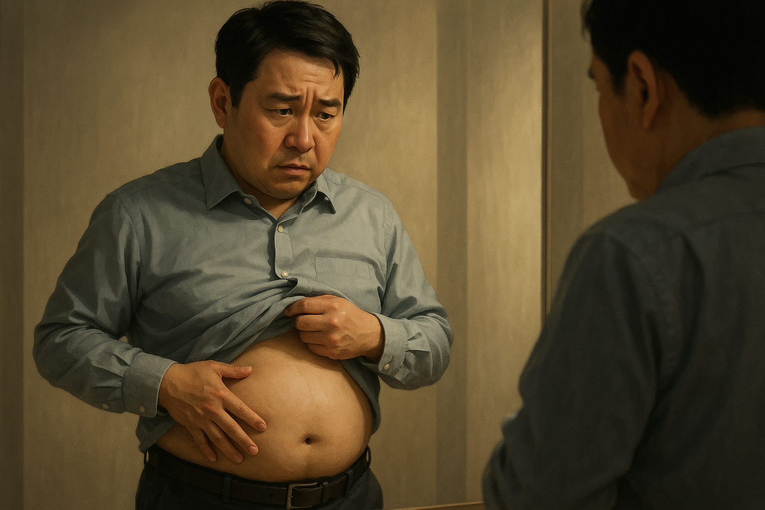 42세 직장인 민수씨(가상의 인물)가 거울 앞에서 복부를 확인하는 모습 일러스트