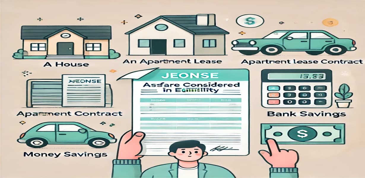 복지 재산 기준에 포함되는 주요 항목들을 고민하는 신청자와 함께 표현한 대표 이미지 – 집, 자동차, 통장, 계산기 포함