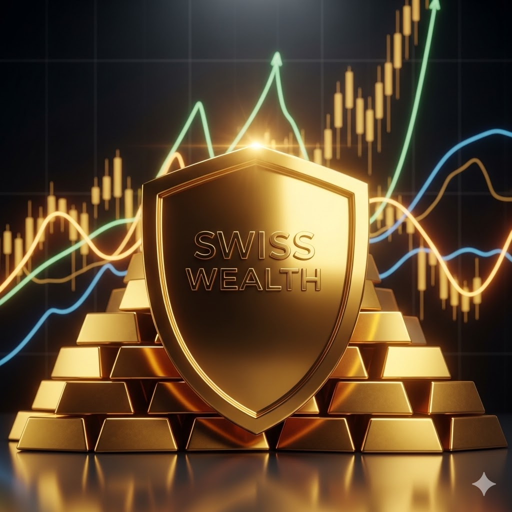 'Swiss Wealth' 금박 방패 브랜딩과 금괴, 상승하는 주식 차트가 결합된 3D 금융 이미지.