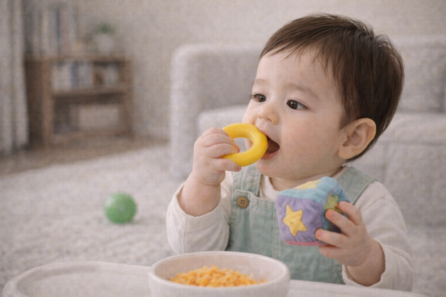 영아전환기 사물을 손으로 만지고 입으로 탐색하는 아기 모습