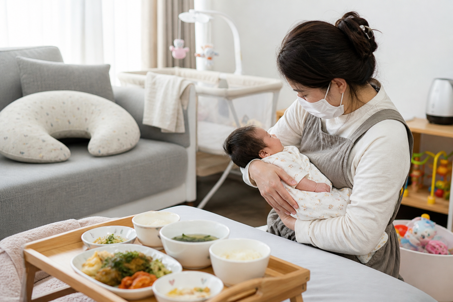 집에서 산후도우미가 신생아를 돌보는 모습