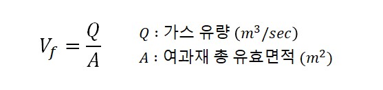 여과집진장치 겉보기 여과속도 = 유량 / 여과재 총 유효면적