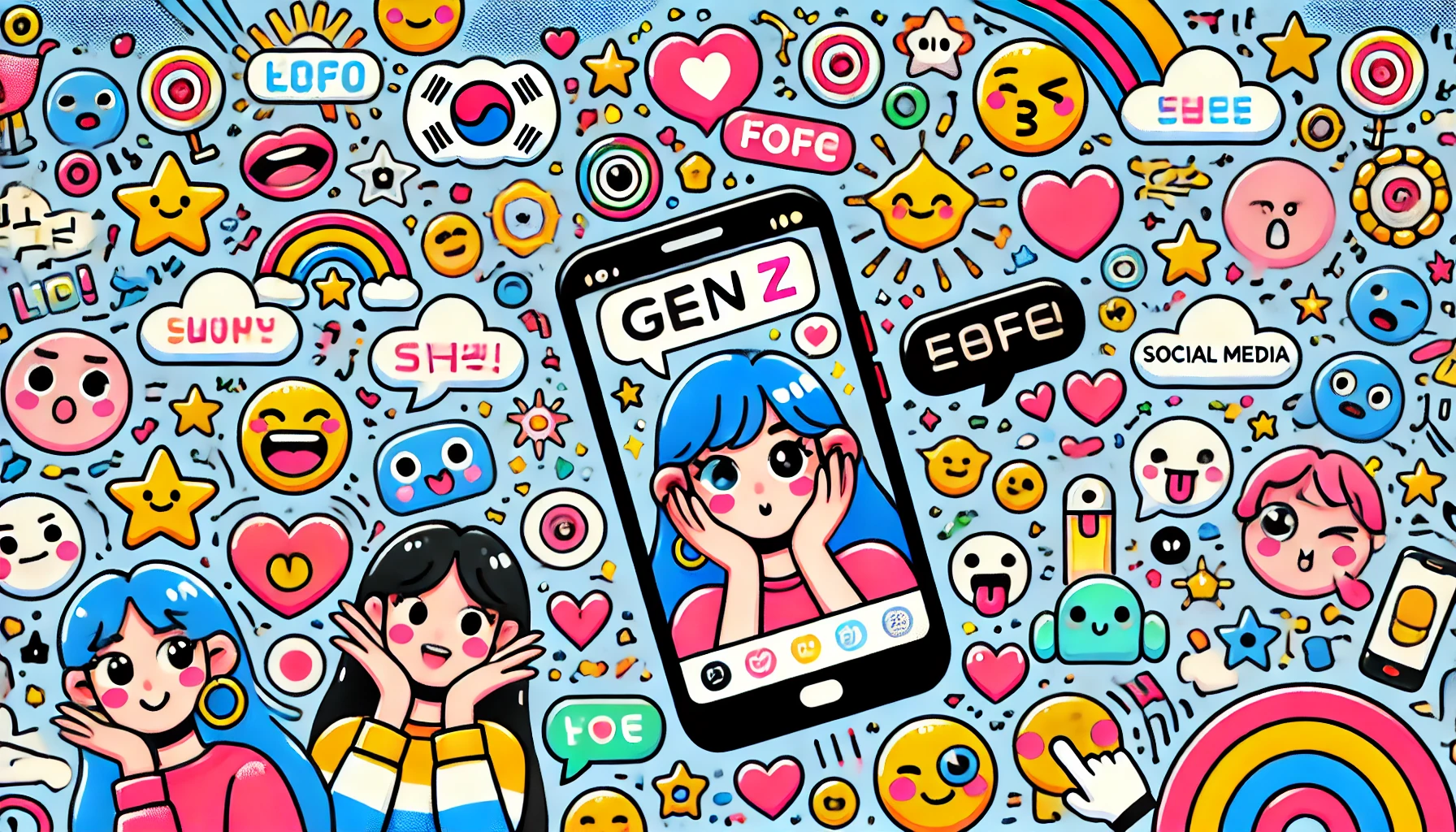 요즘 Z세대 신조어와 유행어 문화를 표현한 일러스트, SNS와 이모지 기반의 디지털 세대 감성 이미지