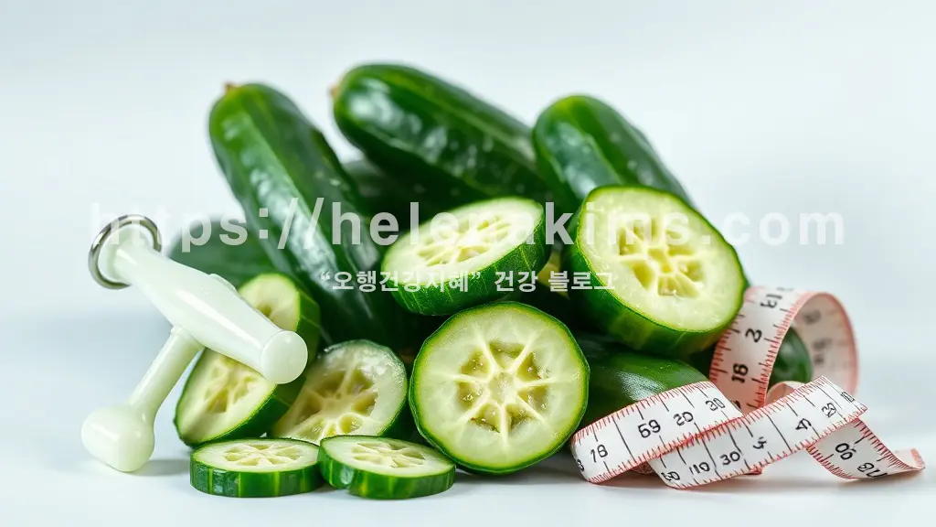 신선한 오이 여러 개가 깔끔한 배경, 오이 슬라이스, 다이어트 줄자가 조화롭게 어우러져 건강, 미용, 다이어트의 상징적인 효과를 시각화한 이미지.