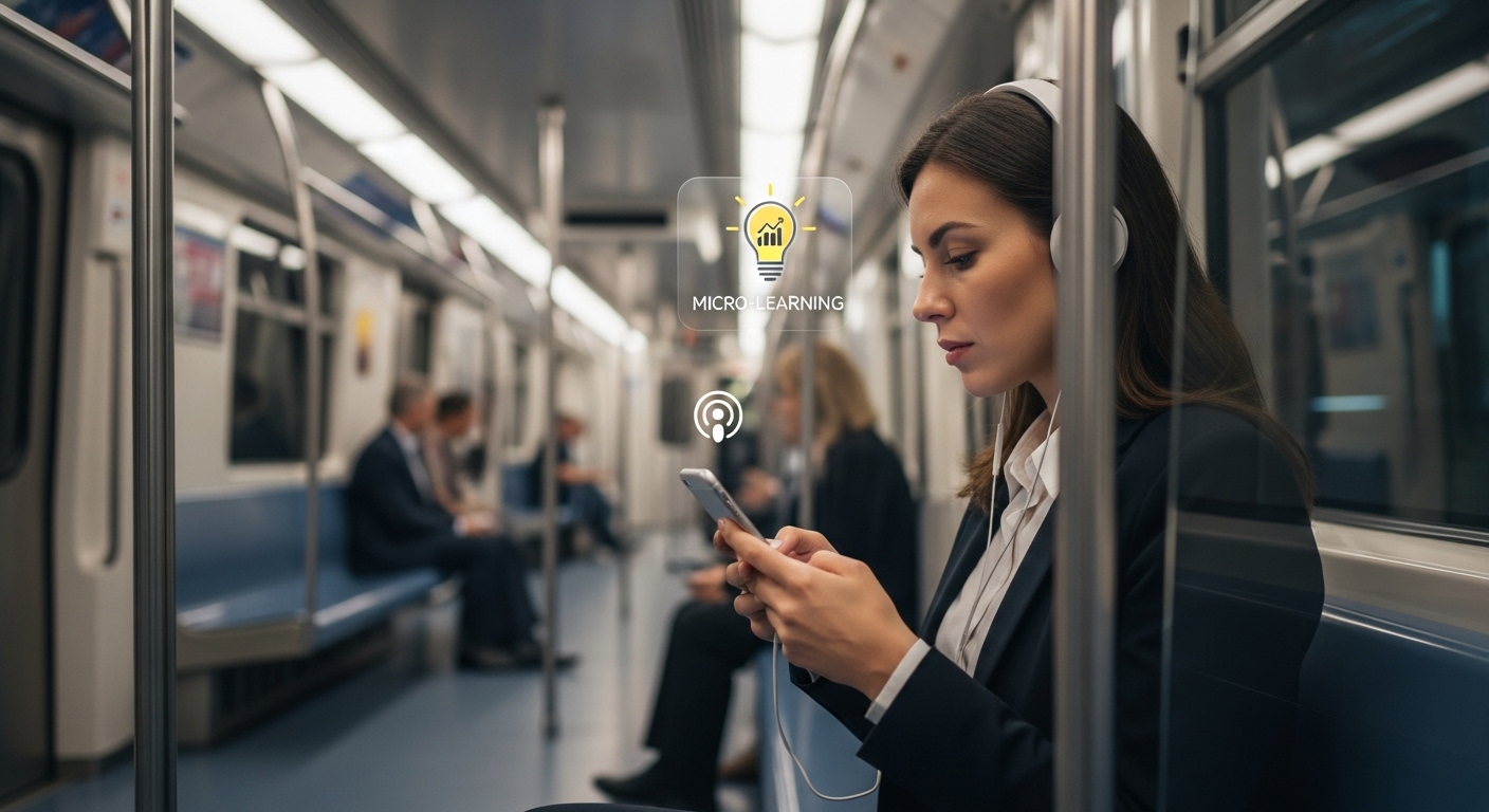 출퇴근 대중교통 시간을 활용해 스마트폰으로 강의를 들으며 학습하는 여성