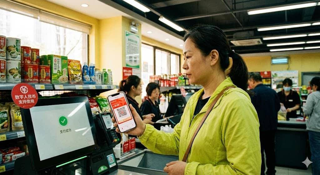 중국 상하이 슈퍼마켓에서 e-CNY 디지털위안으로 QR코드 결제하는 장면, CBDC 최초 대규모 상용화 사례