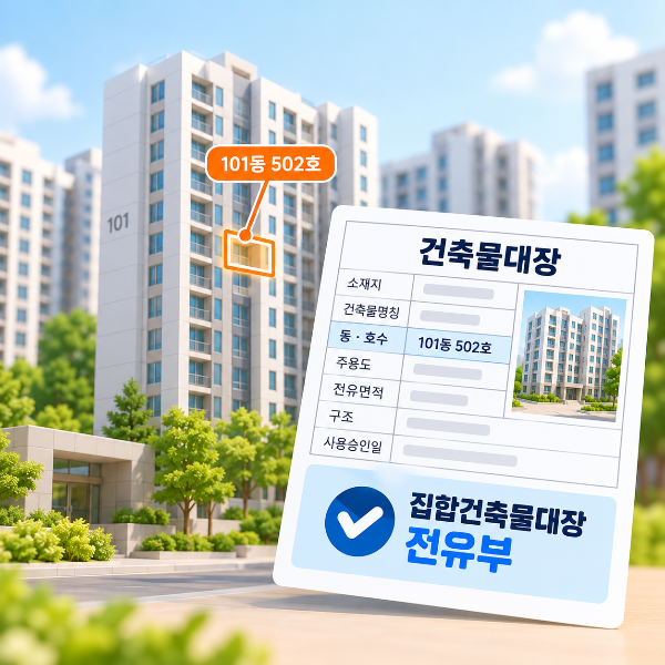 아파트 특정 동 호수의 건축물대장을 확인할 때 집합건축물대장 전유부를 선택하는 이미지