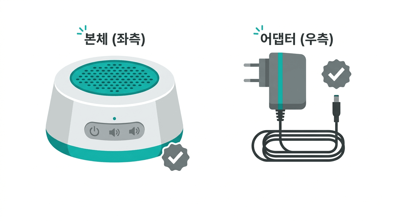 백색소음기 본체와 전원 어댑터가 각각 다른 인증을 받는 구조를 설명하는 이미지