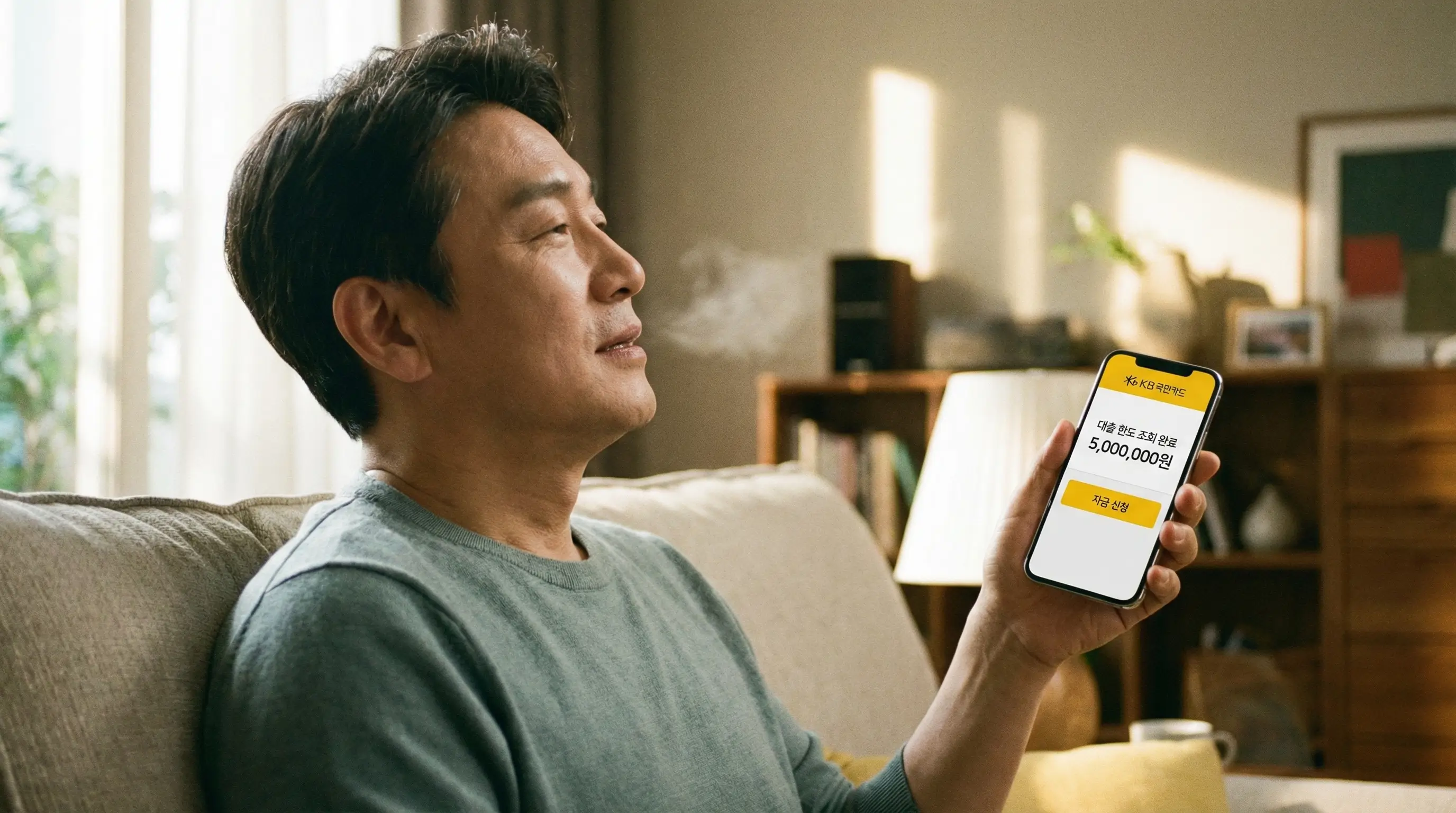 스마트폰으로 안전한 카드사 공식 앱 대출 한도를 조회하고 자금을 마련하여 안도하는 모습