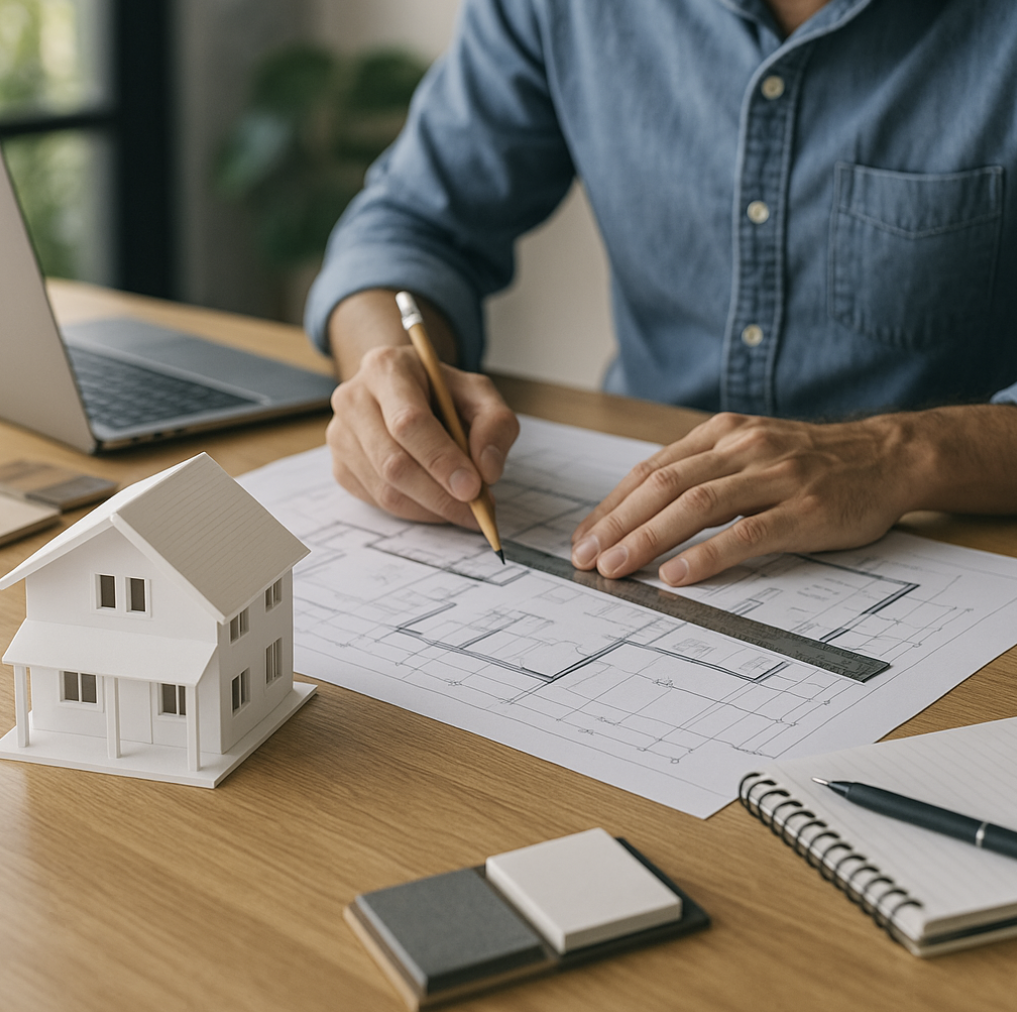 집 모형을 책상에 올려두고 설계도면을 그리는 모습이 담긴 사진