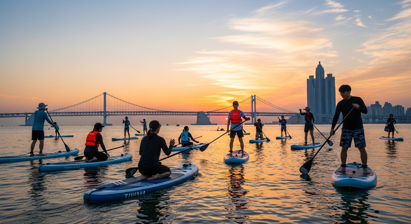People on paddleboards (SUP) in Gwangalli at sunset.