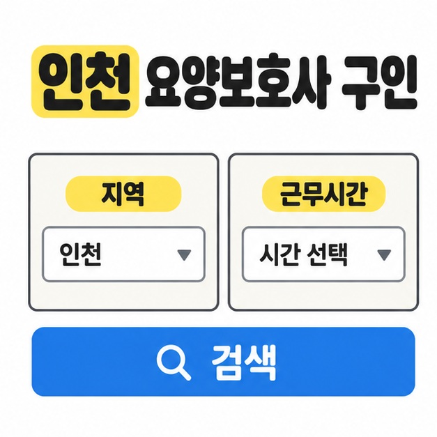인천 요양보호사 구인 제목 아래 지역과 근무시간 선택 칸, 파란색 검색 버튼을 배치한 대표 이미지