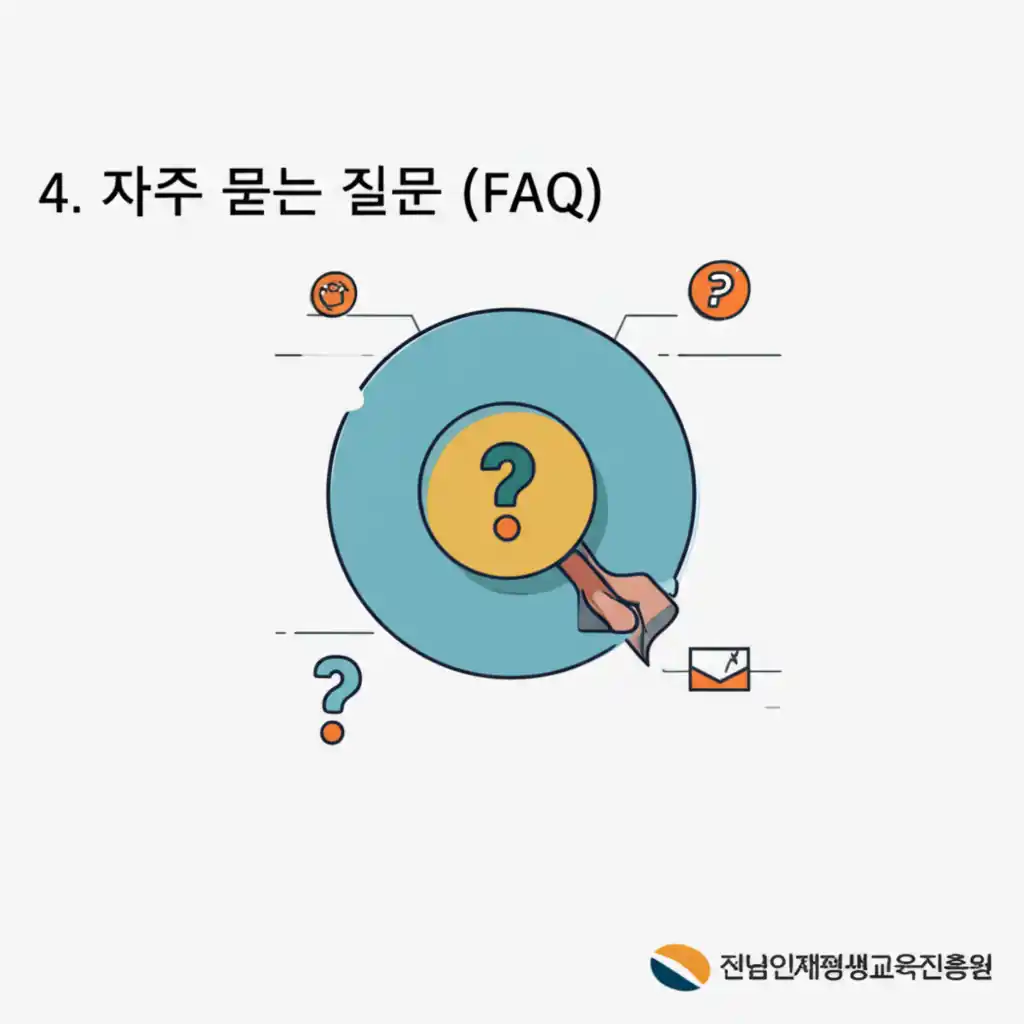 전남인재평생교육진흥원 '자주 묻는 질문(FAQ)' 섹션에서 궁금한 점을 해결하는 모습.