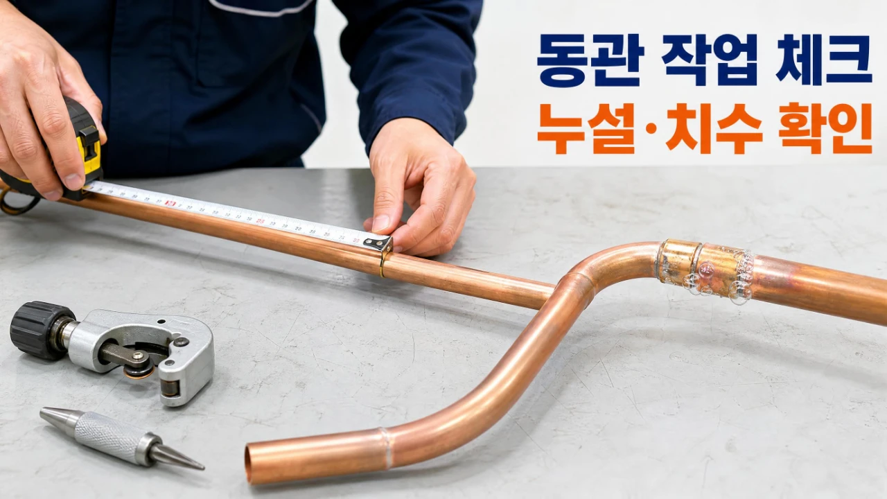 공조냉동기계기능사 작업형 동관 접합과 치수 확인 과정을 보여주는 이미지