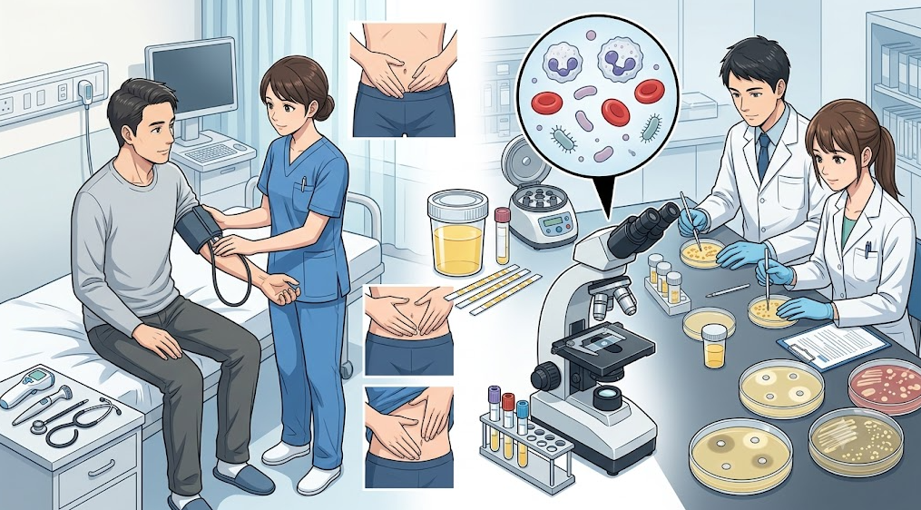 활력징후 측정 및 배복부 진찰, 현미경 요침사 검사 및 소변 배양 검사 과정을 보여주는 의료 일러스트