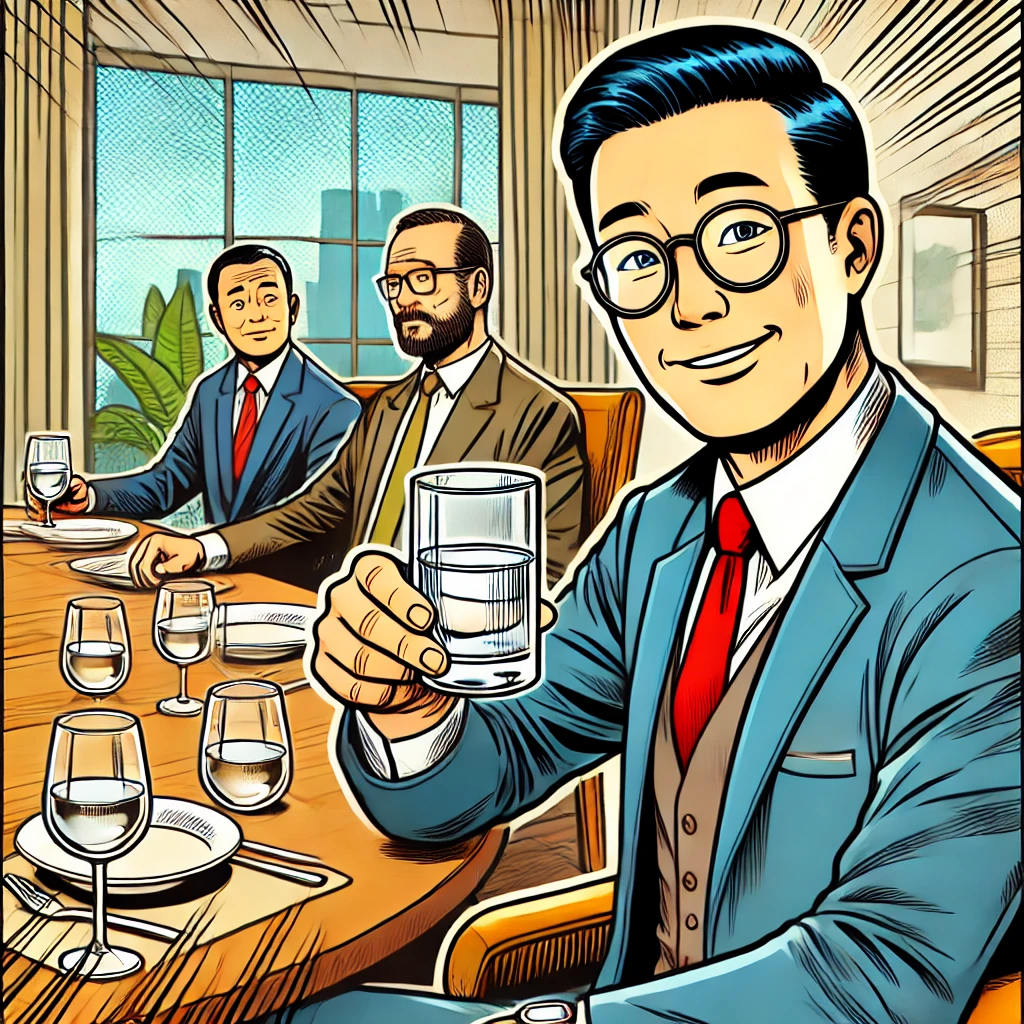 술자리에서 물을 선택하는 직장인 (책임감 있는 음주 습관 강조)