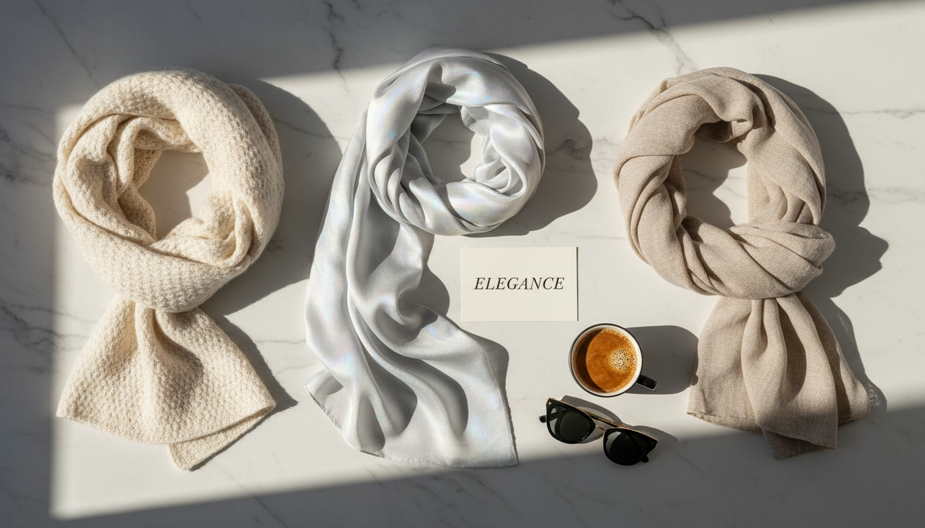 대리석 테이블 위에 놓인 실크, 캐시미어, 린넨 등 다양한 소재의 고급 스카프와 선글라스 코디 제안