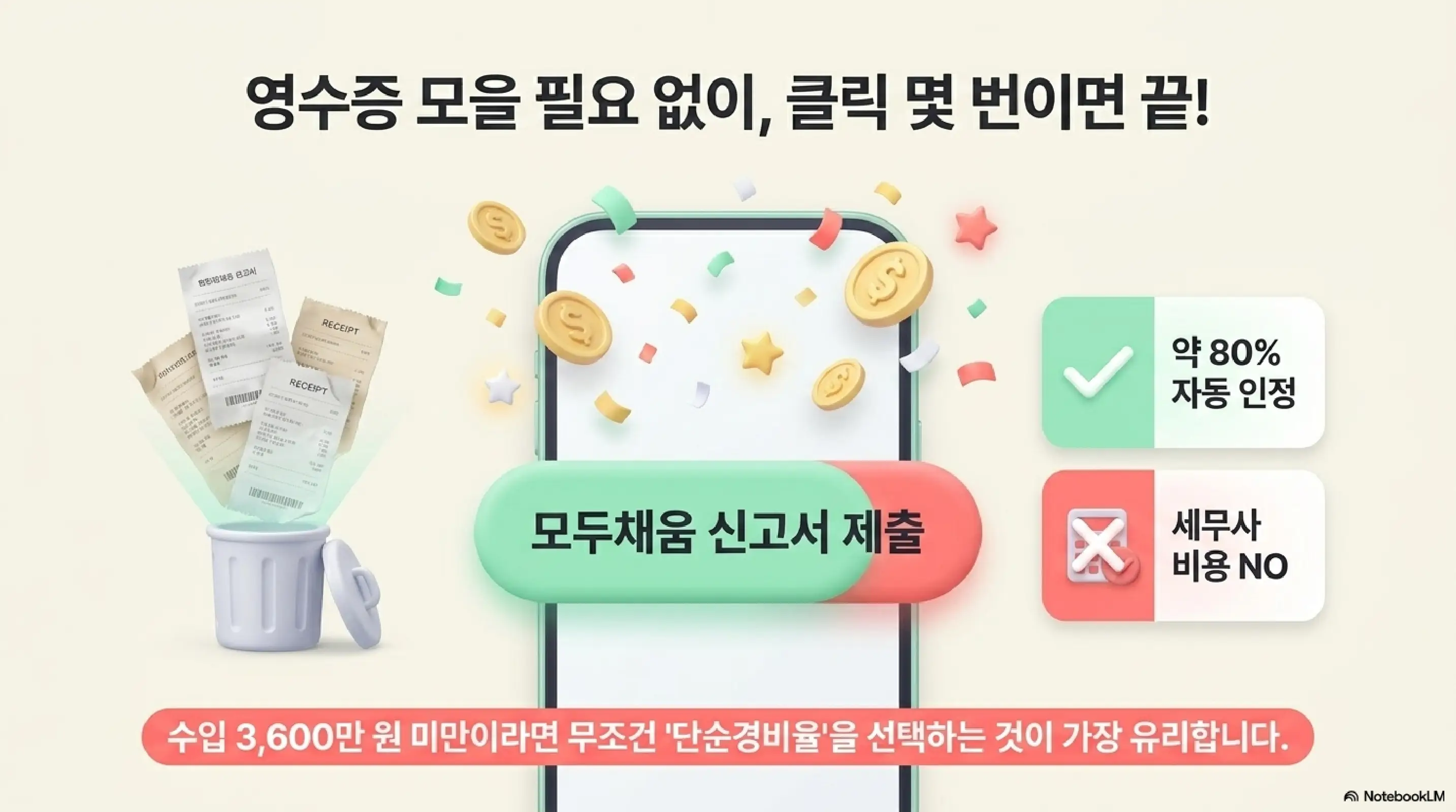 배달라이더 단순경비율 적용 시 영수증 모을 필요 없이 모두채움 신고서 제출만으로 약 80% 경비가 자동 인정되고 세무사 비용도 불필요함을 보여주는 인포그래픽. 수입 3600만 원 미만이라면 단순경비율을 선택하는 것이 가장 유리하다는 안내가 포함된 이미지