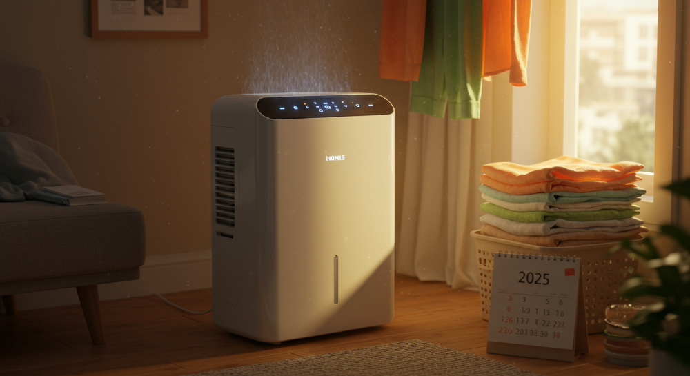 2025년 제습기를 사용해 쾌적해진 거실에서 빨래가 보송하게 마르는 모습