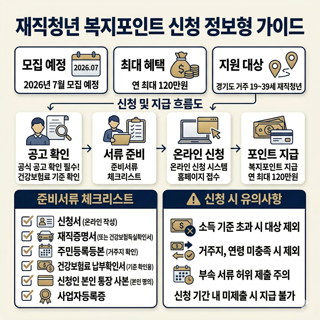 2026 경기도 재직청년 복지포인트 신청 방법 총정리 대상, 일정, 서류, 주의사항 인포그래픽
