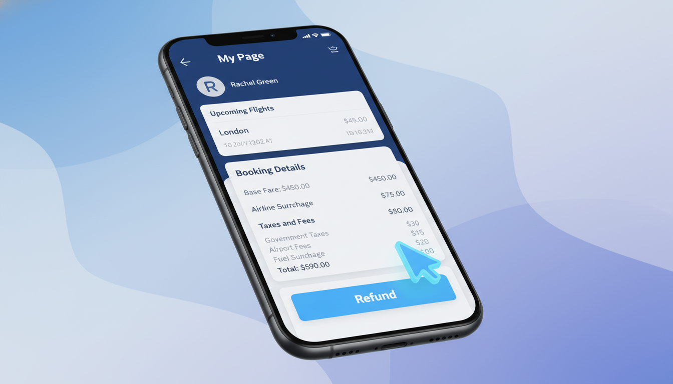 스마트폰 항공사 앱에서 출국납부금 환급 신청 버튼을 클릭하는 화면 일러스트