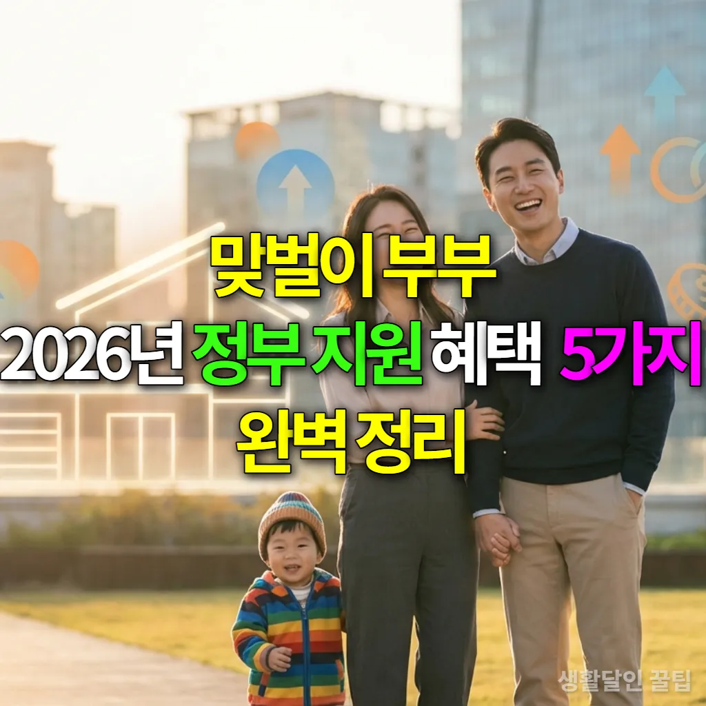 2026년 정부 지원 혜택을 통해 행복한 삶을 누리는 맞벌이 한국인 부부와 아이.