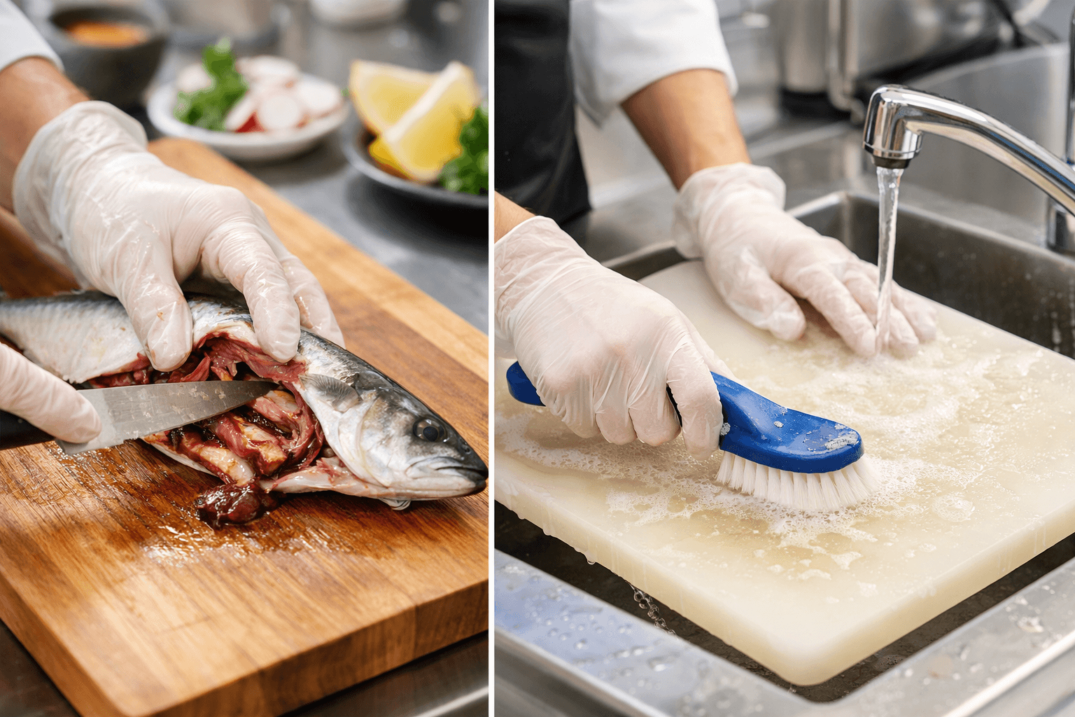 위생 장갑을 착용한 셰프가 생선 내장을 분리해 손질하고 도마를 세척하는 모습, 회 기생충 위험을 줄이기 위한 안전한 생선 손질 기준을 보여주는 주방 장면