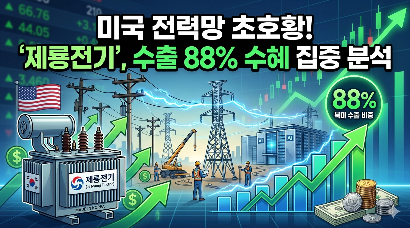 미국 전력망 교체 및 AI 데이터센터 건설 현장을 배경으로, '제룡전기(Je Ryong Electric)' 변압기와 '수출 88%' 수치가 강조된 우상향 주가 상승 그래프가 합성된 블로그 썸네일 이미지