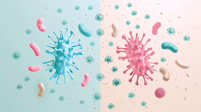 프로바이오틱스와 프리바이오틱스의 차이를 나타내는 장 건강 인포그래픽