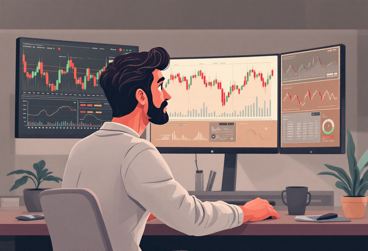 일러스트 수염난 남자가 모니터 주식 차트 보고 있는 모습