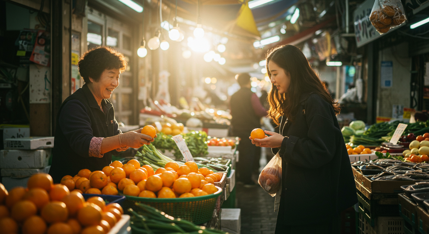 제주 시장에서 상인과 고객이 정겹게 소통하며 활기찬 분위기를 이루는 모습.