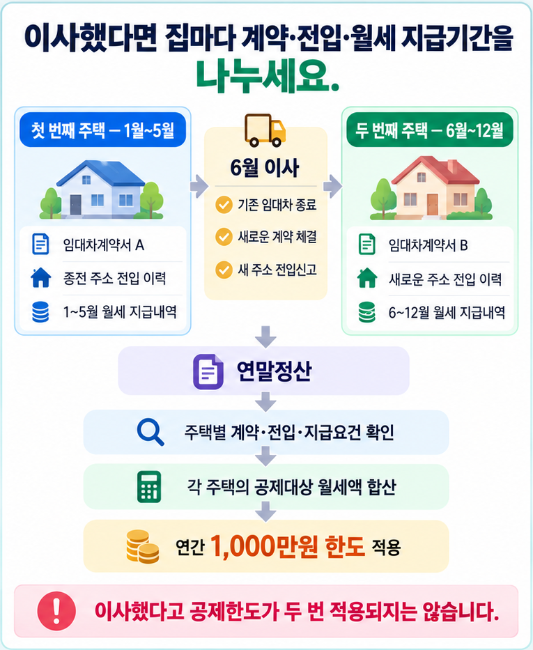 과세연도 중 월세 주택을 이사한 경우 이전 집과 새로운 집의 임대차계약서, 전입신고 이력, 월세 지급기간을 구분하는 연말정산 증빙 준비 이미지