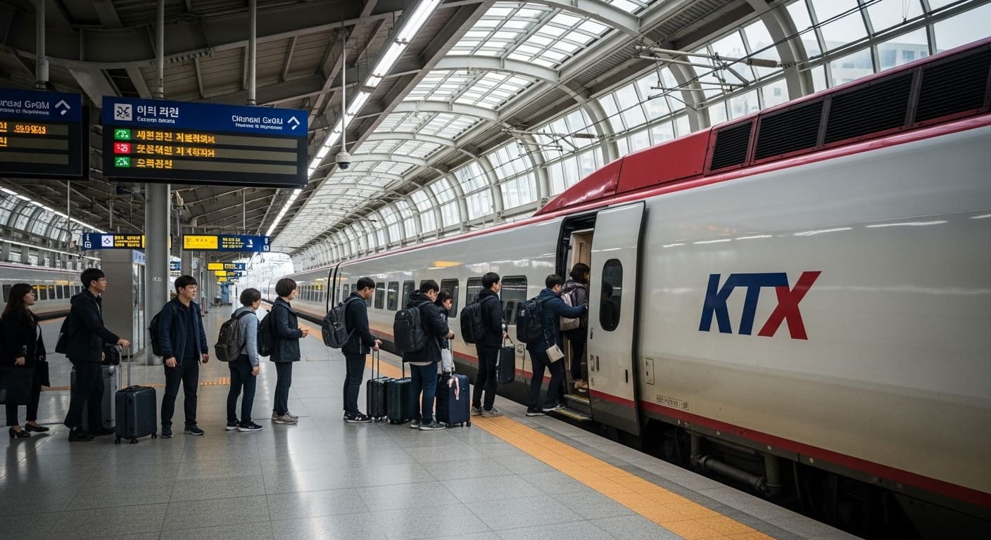 승강장에서 줄을 서서 KTX 열차에 탑승하는 승객들