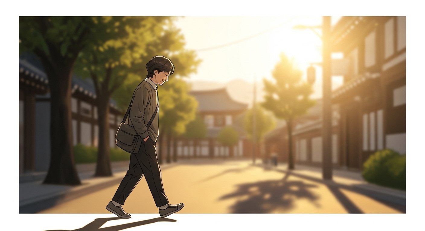 아침 햇살 속에서 천천히 걷는 50대의 여유로운 모습