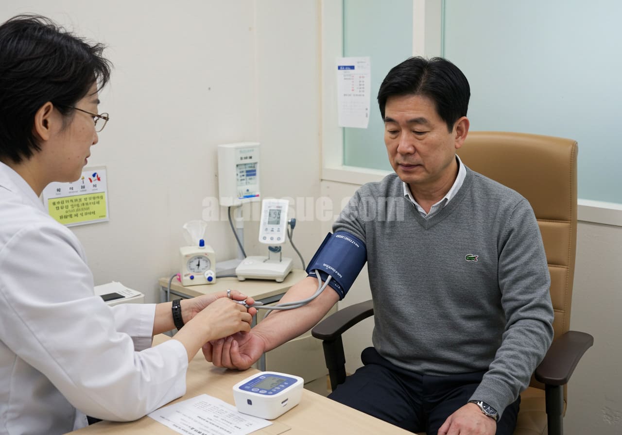 40대 남성이 검사전 혈압을 측정하는 장면