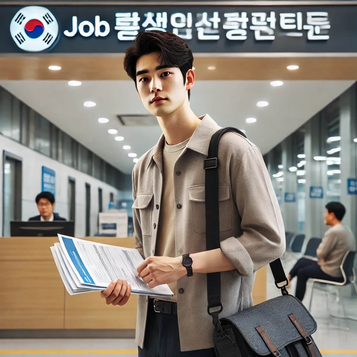 서류를 들고 고용센터를 찾는 남성
