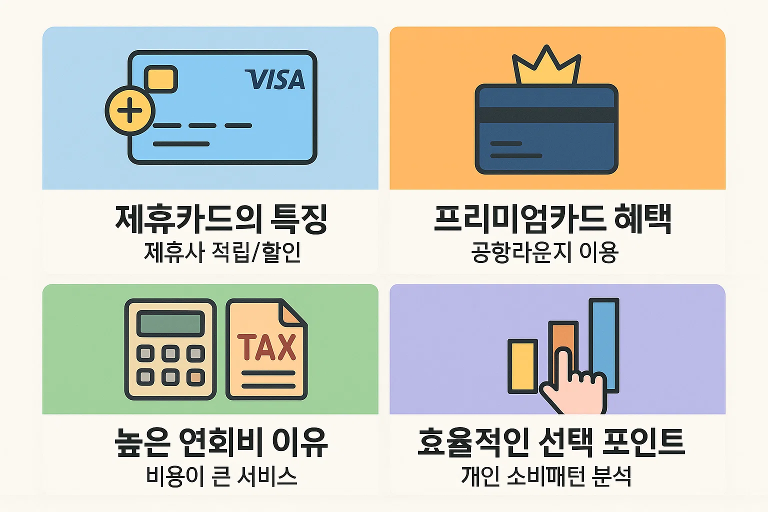 제휴카드의 적립&middot;할인 특징, 프리미엄카드의 공항라운지 혜택, 높은 연회비의 이유와 소비 패턴별 효율적 선택 포인트를 정리한 2025년 신용카드 연회비 인포그래픽입니다.