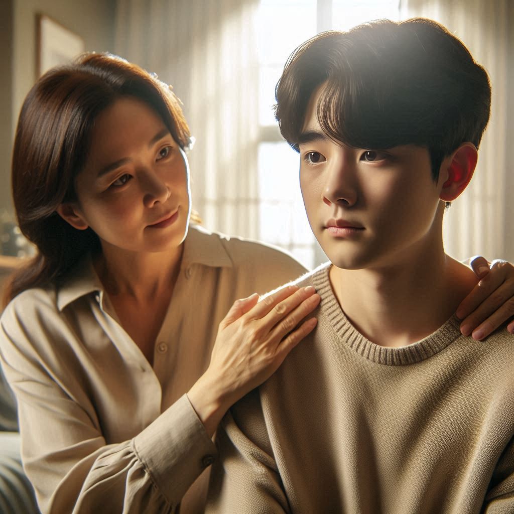 뇌전증 진단과 스트레스로 힘들어하는 사춘기 아들을 따뜻하게 안아주며 위로하는 엄마의 모습