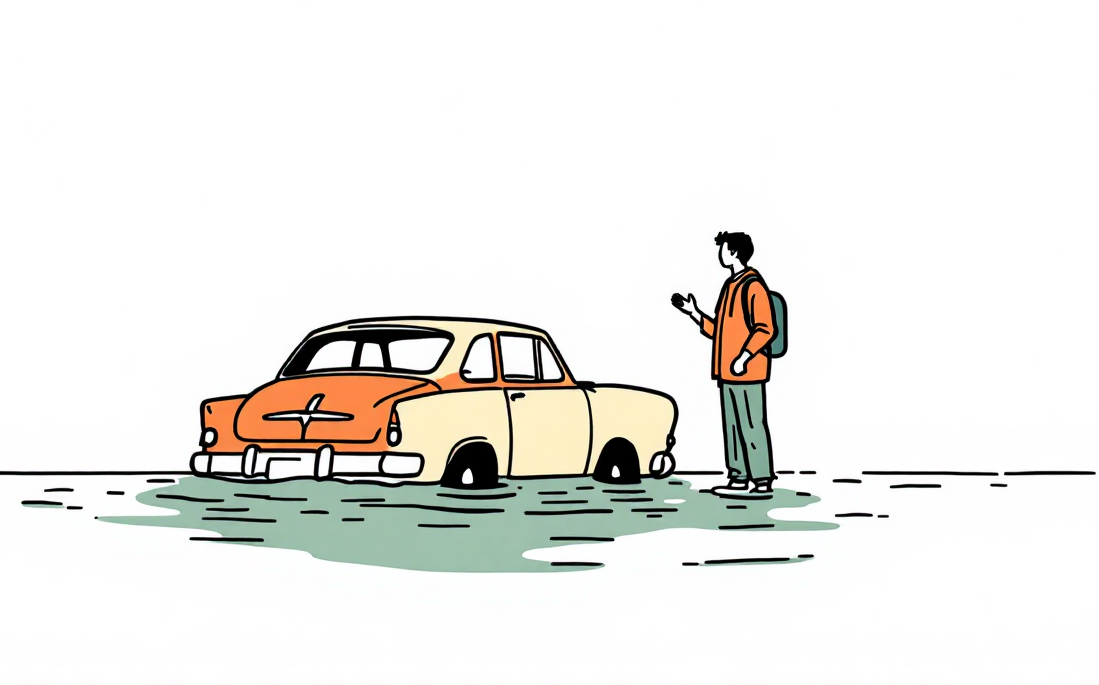 물에 빠지 차와 그것을 바로보는 사람