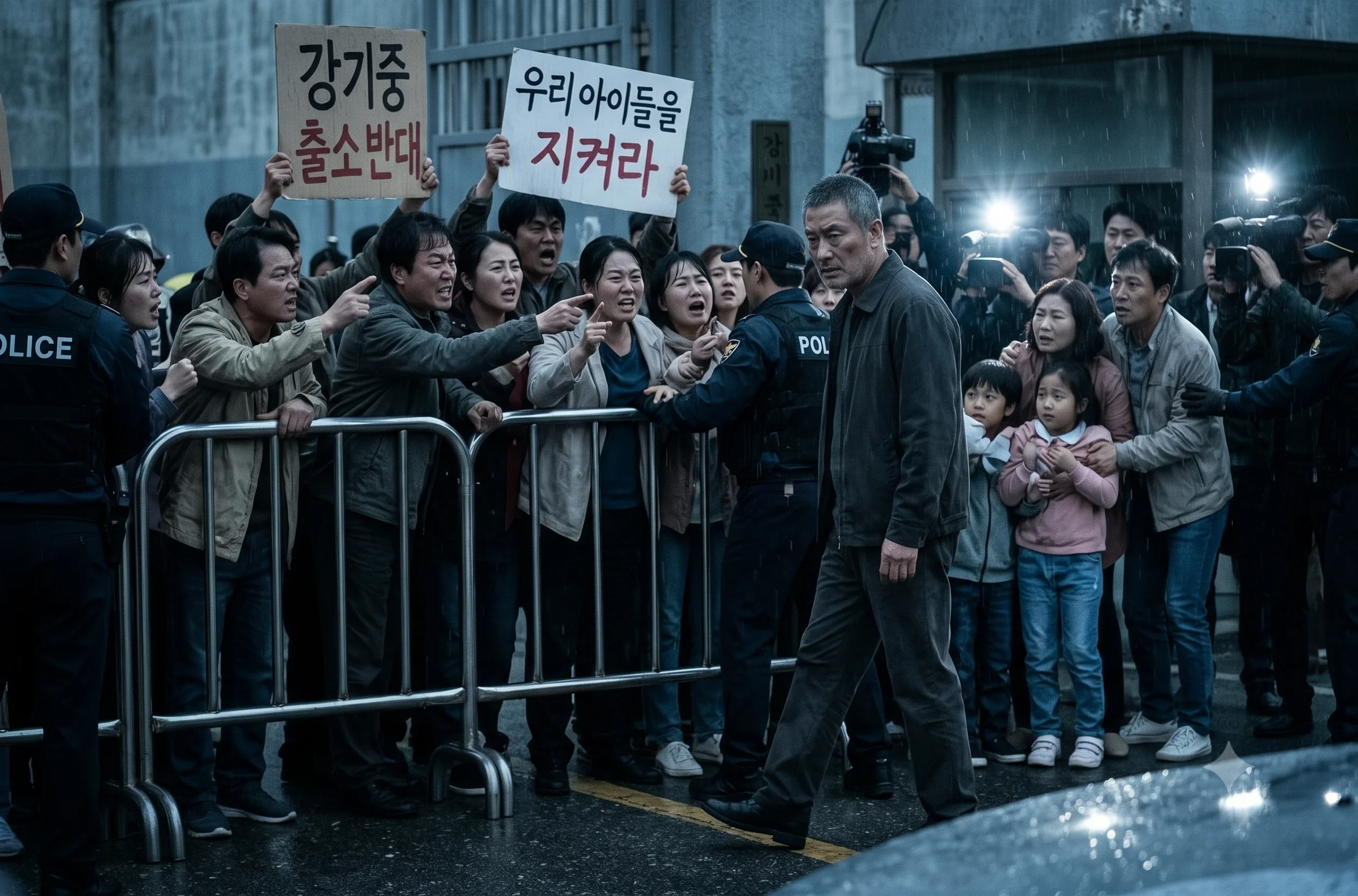 아동 성범죄자 강기중의 교도소 출소와 사회적 공포를 묘사한 장면