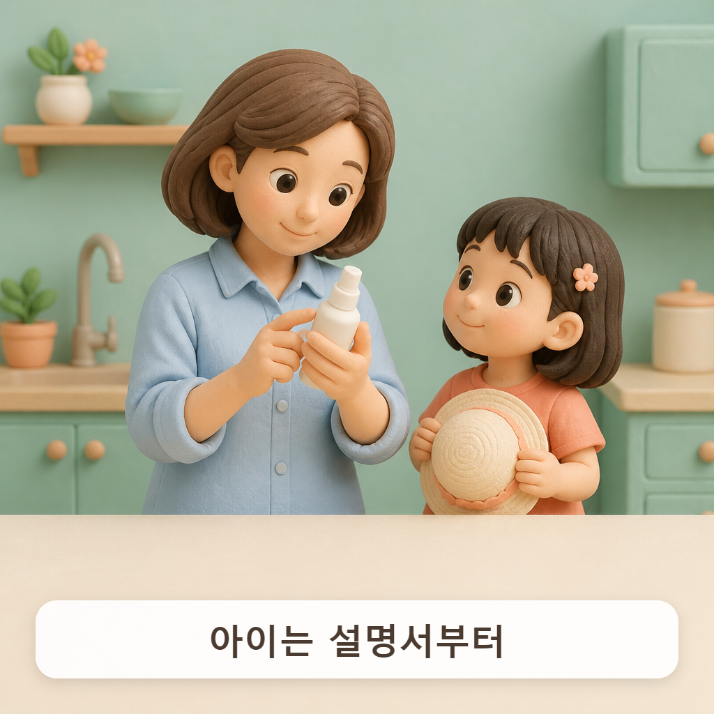 아이 옆에서 제품 설명서를 읽어 보는 엄마