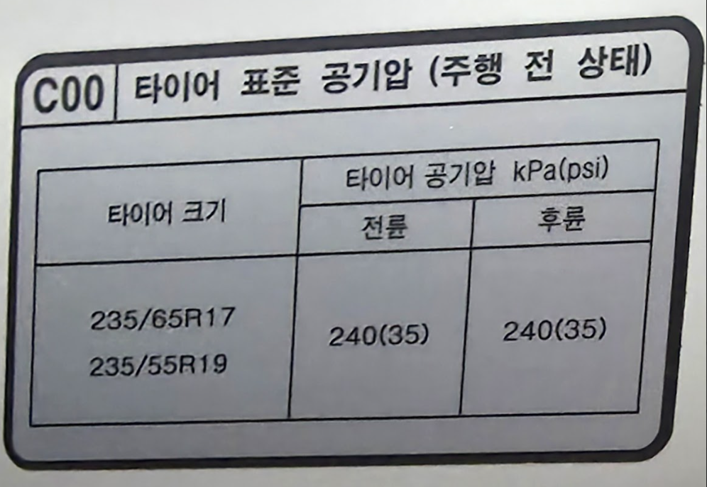 쏘렌토 표준 타이어 공기압