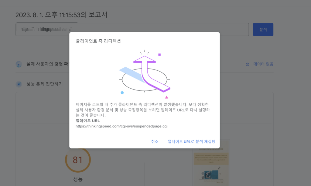 구글 페이지 스피드 인사이트 리다이렉트 오류 확인
