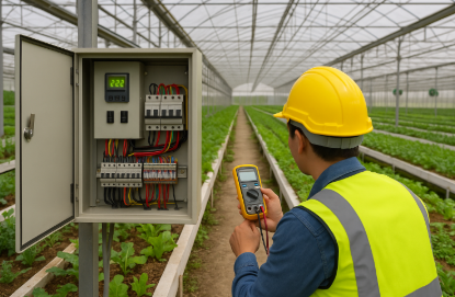 스마트팜 온실 내부에서 작업자가 전기 분전반을 계측기로 점검하는 모습