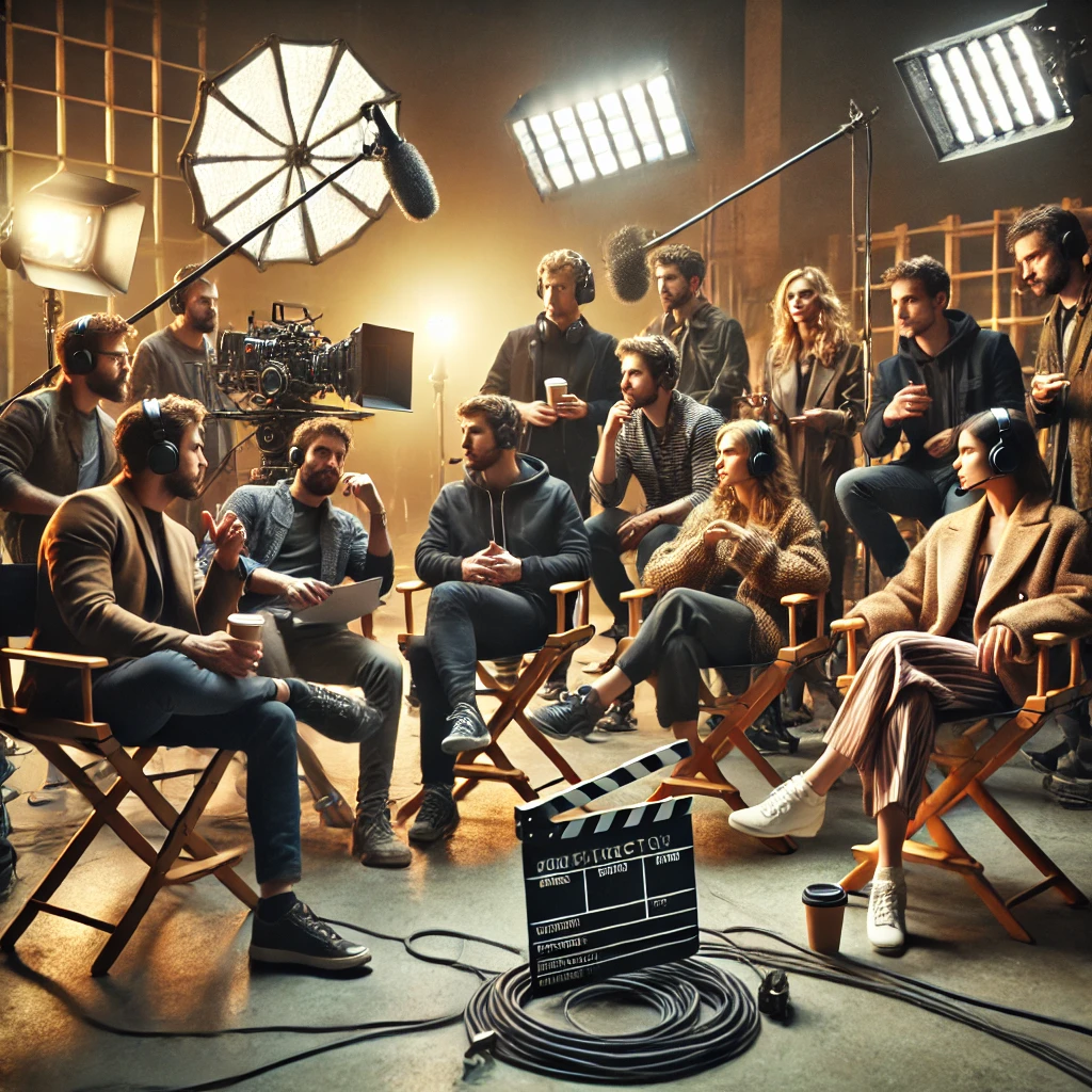 영화감독들이 모여서 무언가에 대해서 이야기 하고 있는 사진