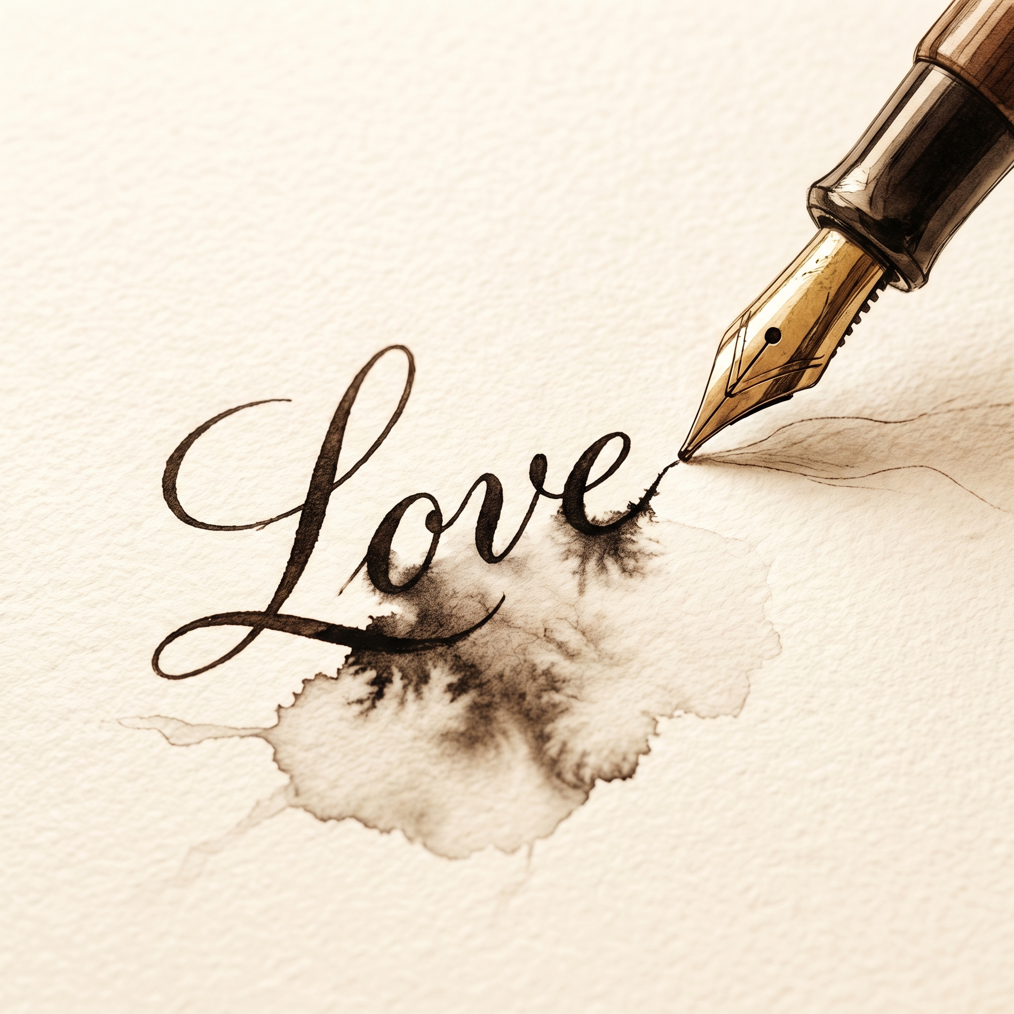 고급스러운 종이 위에 만년필로 필기체 'Love'를 써 내려가는 미니멀한 예술적 드로잉. 잉크가 번지는 느낌과 따뜻한 색감이 우아하고 감성적인 분위기를 연출한 8k 이미지.